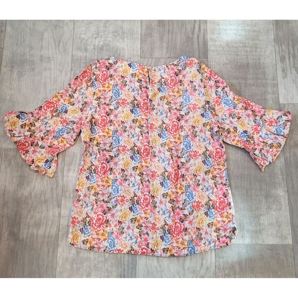 CORFU 100% Linen Boho Floral Top Sz 12 Ruffle Bell Sleeve Colorful Beachy Fairy - Picture 7 of 8
